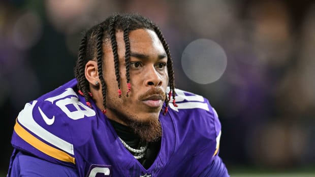 Dec 31, 2023; Minneapolis, Minnesota, USA; Minnesota Vikings wide receiver Justin Jefferson (18) warms up before the game against the Green Bay Packers at U.S. Bank Stadium.
